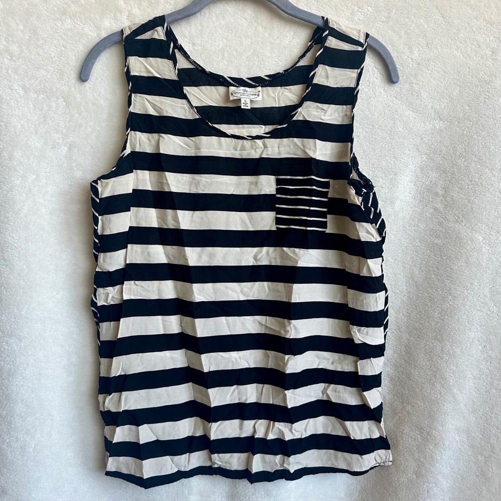 Grand & Greene Womens 100% Rayon Black Cream Striped Pocket Tank‎ Blouse S